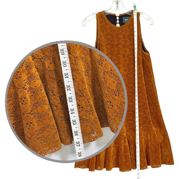 Boho Velvet Lace Dress Anthropologie Maeve Amis 12 Copper Drop Waist Flounced - Picture 10 of 15